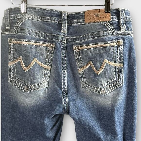 Miss Me Hailey Skinny Distressed Blue Jeans Size 31 with white and tan stitching - Picture 1 of 9